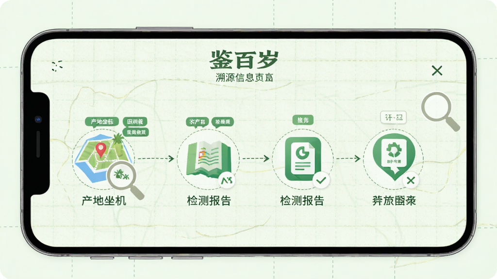 图片主体为“鉴百岁”应用内的溯源信息页面,手机界面展示农产品从田间到餐桌的流程图表,包含产地坐标、检测报告图标,背景为淡绿色网格纸纹理,排版采用左右分栏式,风格为信息可视化风格,细节有放大镜图标与数据标签,画质干净清晰,无多余装饰。