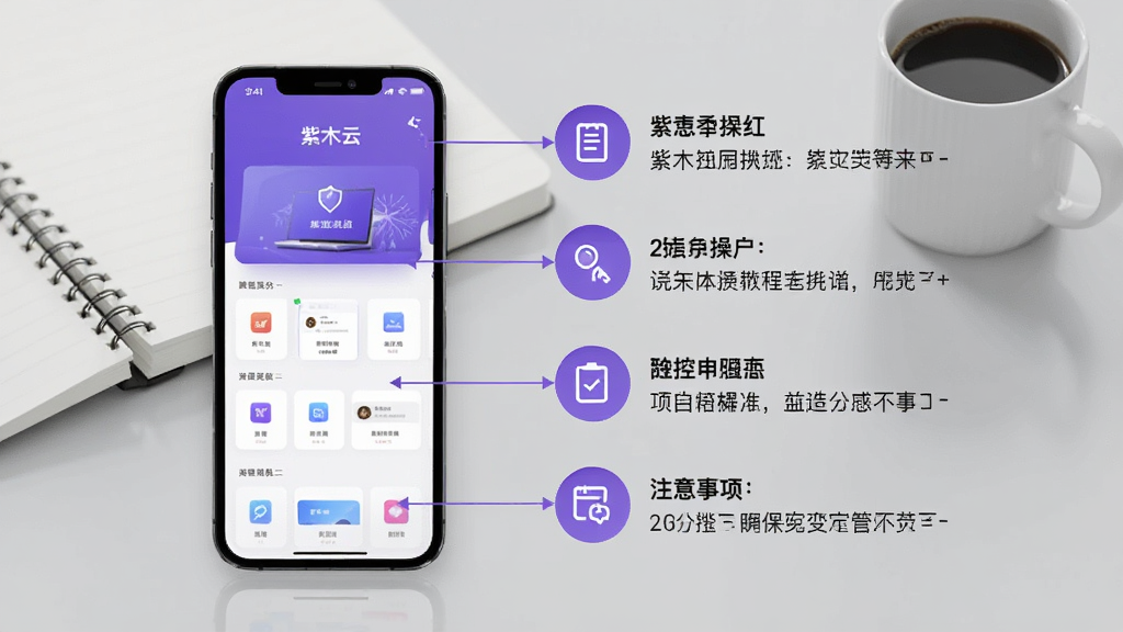 紫木云使用教程示意图,手机屏幕显示应用主界面,旁边标注操作步骤和注意事项,背景为浅灰色办公桌,带有笔记本和咖啡杯,整体明亮干净,高清渲染,无多余元素