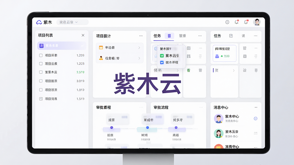 紫木云移动协同办公应用主视觉,界面展示项目列表、任务看板、审批流程和消息中心,多模块卡片式布局,浅色商务风格,屏幕中央显示“紫木云”品牌名称,界面干净整洁,细节精致,高清渲染,无多余元素