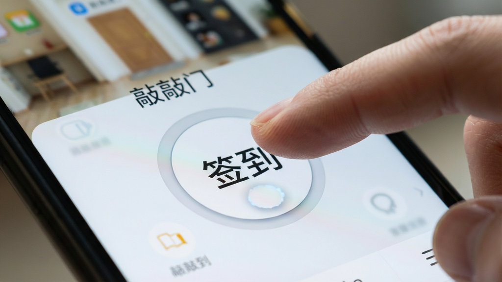 特写手指点击手机屏幕上“敲敲门”APP内醒目的圆形签到按钮,按钮上写着“签到”,背景虚化,布局聚焦于手指与按钮,排版干净,风格写实,细节呈现按钮的按压反馈光影,画质清晰,无多余元素。