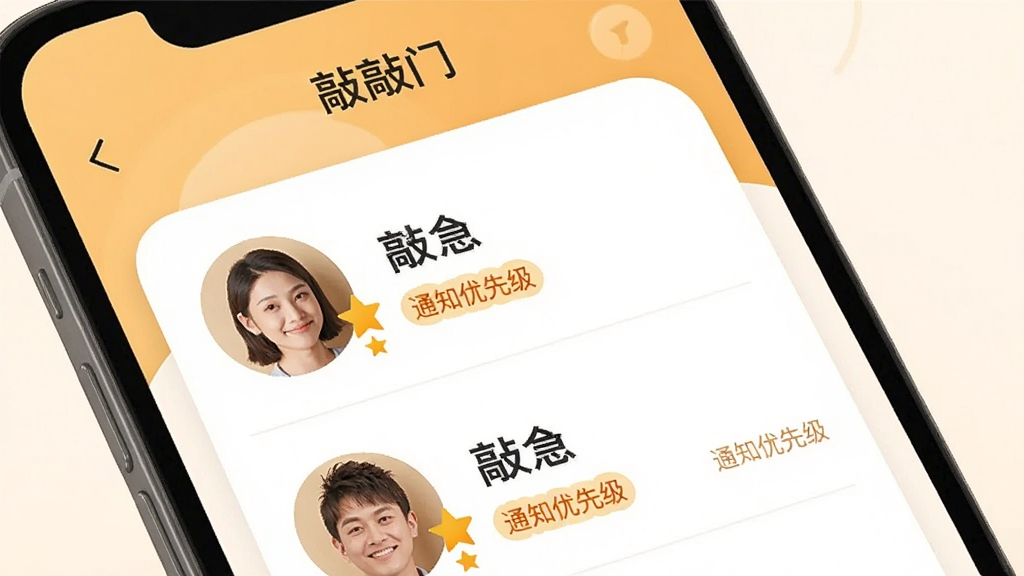 手机界面展示“敲敲门”紧急联系人列表,显示头像、姓名和“通知优先级”标签,背景为暖色系,布局为列表式,排版整齐,风格亲和,细节包括头像圆框和优先级星标,画质干净,无多余元素。