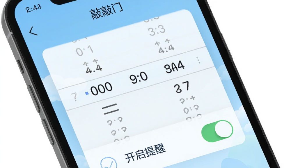 手机屏幕展示“敲敲门”的提醒设置页面,包含时间选择器和“开启提醒”开关,背景为浅蓝色调,布局规整,排版清晰,风格简洁,细节包括时间滚轮和开关图标,画质高清,无多余元素。