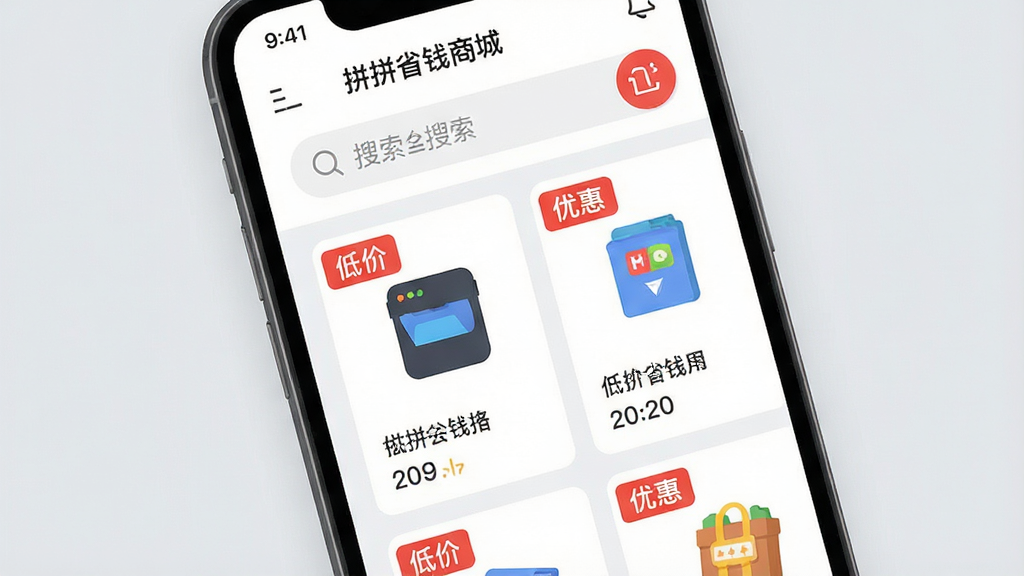 һ�������ֻ���Ļ��д����Ļ������ʾƴƴʡǮ�̳ǵ�Ӧ�ý��棬��������ˬ��࣬������������Ŀ���·���Ʒ��Ƭ�������룬���С��ͼۡ����Żݡ���ɫ��ǩ������Ϊ��͵�ǳ��ɫ�����岼�ָɾ�����������ִ���ƽ�������ʸ��壬�ɾ����޶���Ԫ��