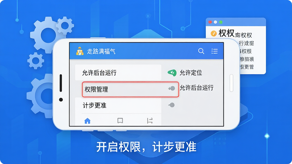 主体:一部安卓智能手机横屏显示“走路满福气”应用设置页面,高亮显示“权限管理”选项;布局:手机位于画面中央,屏幕内容清晰,周围有齿轮图标和权限列表;排版:简洁的示意图风格,关键权限选项用红色框标出;风格:科技感插画,蓝色背景,白色手机边框;细节:屏幕上有“允许定位”、“允许后台运行”等选项,手机下方标注“开启权限,计步更准”;画质:高清,干净,无多余元素。