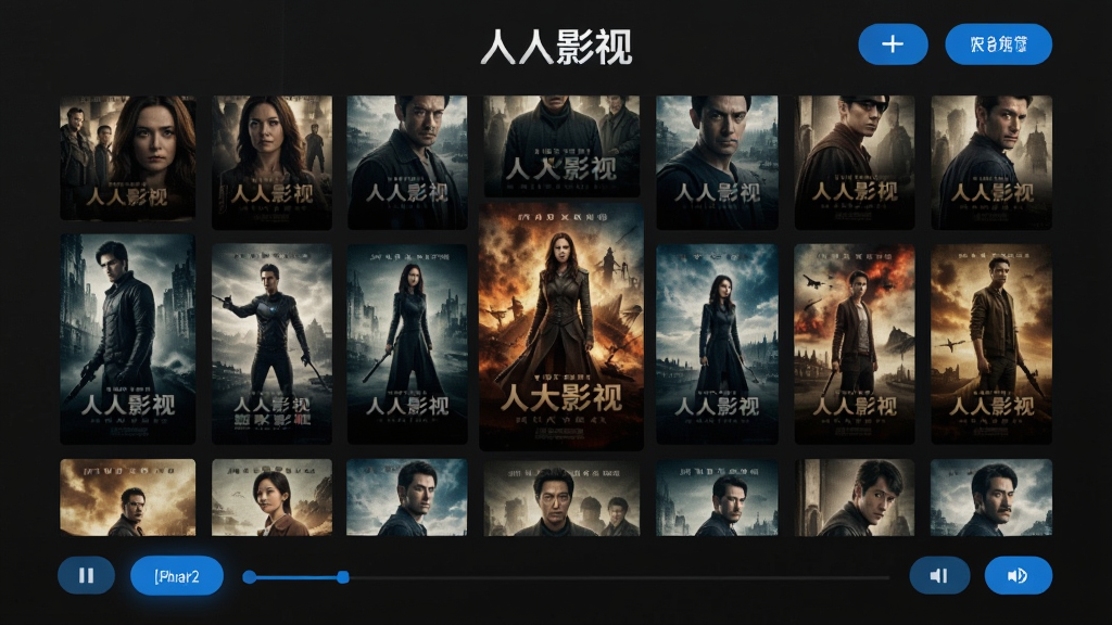 高清影视播放界面,画面中央显示电影海报墙,上方有“人人影视”LOGO,界面简洁现代,采用深色背景,搭配蓝色高亮按钮,整体风格专业且富有科技感,画质清晰细腻,无多余元素。