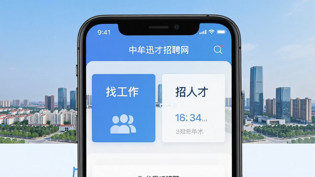 中牟迅才招聘网手机应用主界面展示,屏幕上有“找工作”“招人才”两大核心板块,背景为郑州中牟县城市天际线,整体风格清新简洁,界面布局扁平化,以蓝色和白色为主色调,画质清晰,干净无多余元素