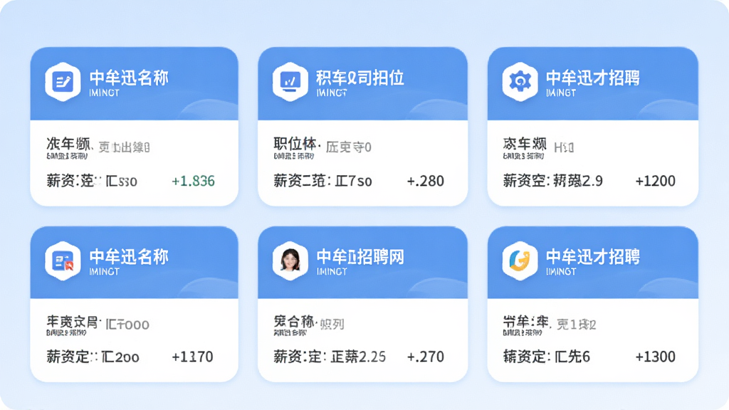 中牟迅才招聘网应用内职位推荐页面,列表展示多个本地企业招聘卡片,每张卡片包含公司名称、职位名称、薪资范围,背景为淡蓝色渐变,卡片圆角设计,画质干净,布局整齐,无多余元素