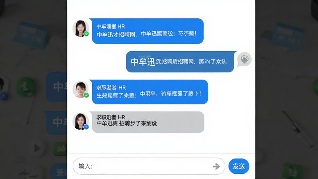 中牟迅才招聘网在线聊天界面,对话气泡显示求职者与HR交流内容,底部有输入框和发送按钮,背景为白色,气泡蓝色与灰色区分,画质干净,无多余元素