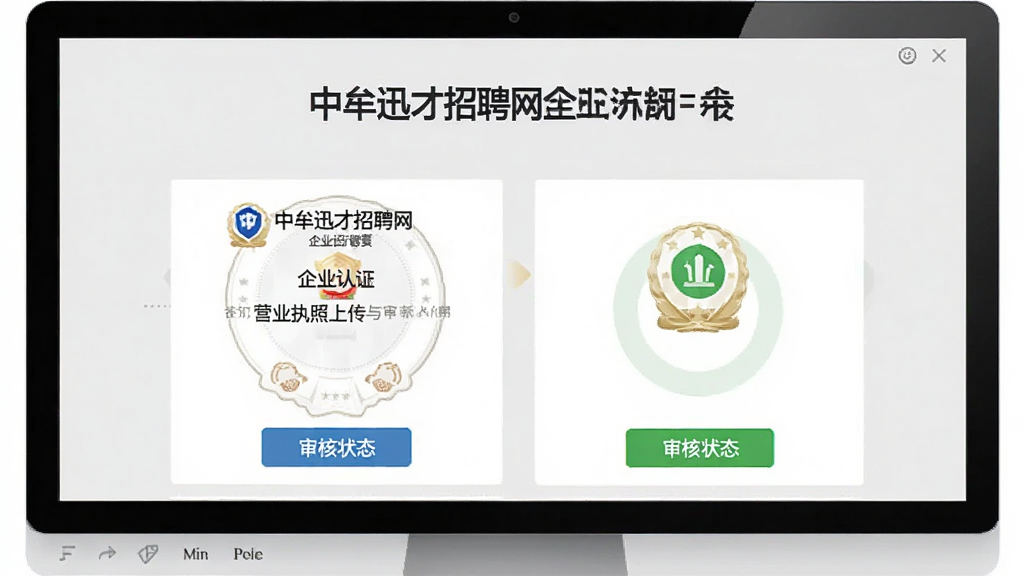 中牟迅才招聘网企业认证审核界面,展示企业营业执照上传与审核状态图标,背景为浅灰色,界面简洁,文字清晰,画质干净,无多余元素