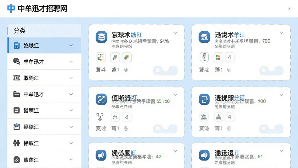 中牟迅才招聘网职位分类筛选界面,左侧为分类列表,右侧为职位卡片,背景为浅蓝色,整体布局简洁,图标清晰,画质干净,无多余元素
