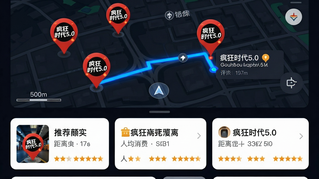 画面主体为手机地图导航界面,地图上散落着多个带有“疯狂时代5.0”Logo的红色优惠图钉,其中一条高亮的蓝色路线指向一家评分最高的店铺。布局采用上下结构,上方是地图,下方是推荐商家的卡片列表。排版上,卡片上清晰显示着商家名称、距离、人均消费和星级评分。风格为科技感十足的UI设计风,深色背景衬托出高亮信息。细节上,地图上带有“500m”比例尺。画质高清,干净,无多余元素。