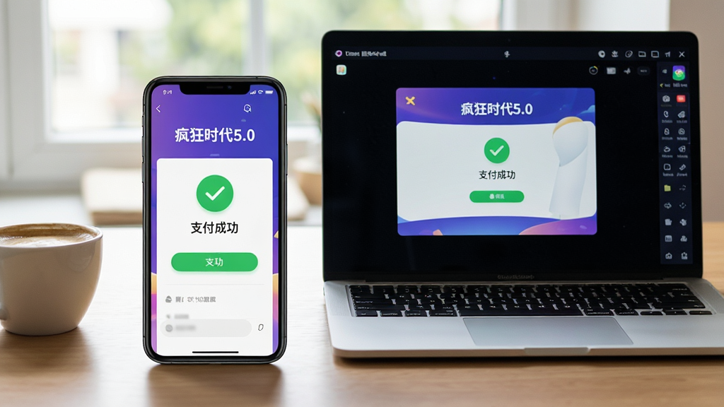 画面主体为一部手机和一部笔记本电脑并排放在书桌上,手机屏幕显示“疯狂时代5.0”的支付成功页面,电脑屏幕则显示模拟器中的同一APP界面。布局为左右对称,中心构图。排版上,手机和电脑屏幕中均显示清晰的“支付成功”绿色对勾图标。风格为写实生活照,光线明亮自然。细节上,手机旁边有一杯咖啡,营造出休闲的使用场景。画质高清,干净,无多余元素。