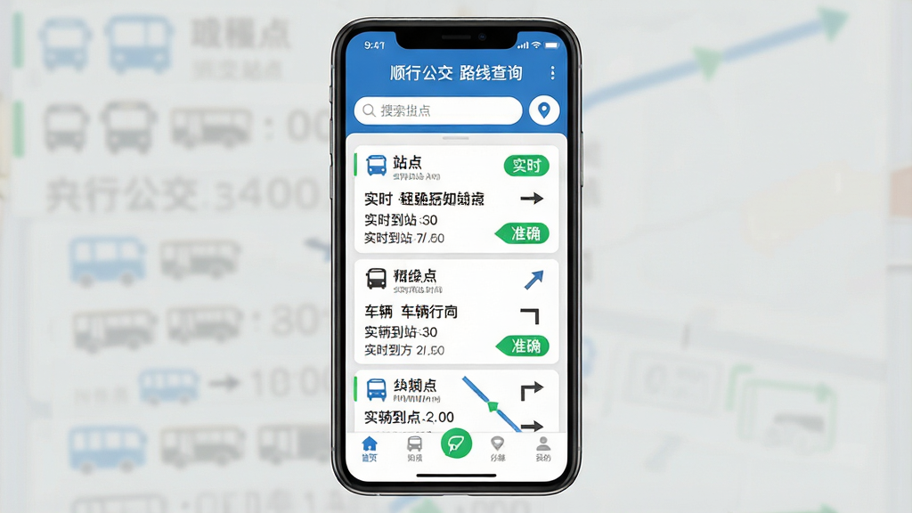 画面主体为一部智能手机屏幕,屏幕上清晰显示“顺行公交-路线查询”APP界面,界面中有公交站点列表、实时到站时间、车辆行驶方向箭头等元素。整体布局采用上下结构,上方为搜索栏和定位图标,中间为公交线路卡片,下方为底部导航栏。风格为扁平化UI设计,色彩以蓝色和白色为主,搭配绿色点缀,细节上突出“实时”、“准确”的视觉暗示。画质高清,干净整洁,无多余元素。