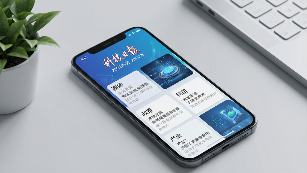 画面主体为一部智能手机屏幕展示“科技日报”客户端界面,屏幕上方显示“科技日报”字样及日期,界面布局清晰,包含要闻、政策、科研、产业等新闻栏目卡片,配以科技感蓝色渐变背景,手机斜放于浅灰色桌面,旁有绿植点缀,整体风格现代简约,高清渲染,干净无多余元素,画质细腻