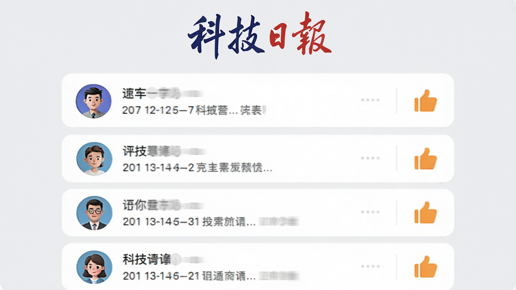 画面主体为“科技日报”客户端的互动社区界面,展示用户评论列表和点赞图标,顶部有“科技日报”字样,背景为浅灰色,卡片式设计,人物头像清晰,整体风格活泼,干净无多余元素,高清画质