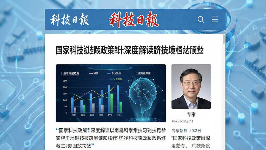 画面主体为“科技日报”客户端新闻详情页,展示一篇关于国家科技政策的深度解读文章,页面顶部有“科技日报”标识,正文配以图表和专家头像,背景为淡蓝色科技纹理,整体排版简洁大气,文字清晰可读,风格专业权威,高清画质,干净无多余元素