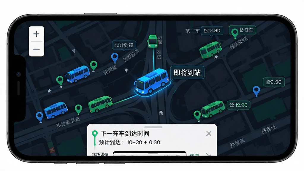 主体为手机横屏地图界面,地图上分布着多辆公交车的实时位置图标,其中一辆车被高亮标记并显示“即将到站”提示。布局为全屏地图模式,左上角有缩放按钮,底部有线路详情卡片,卡片上显示下一班车到达时间。风格为科技感十足的深色地图背景,搭配蓝色和绿色车辆图标,细节包括道路名称、站点标记和预计到达时间标签。画质清晰,干净整洁,无多余元素。
