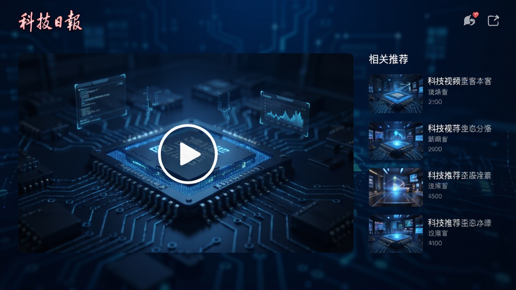 画面主体为“科技日报”客户端视频播放界面,正在播放一段科技新闻视频,画面中央有播放控制按钮,右侧有相关推荐列表,背景为深蓝色科技背景,整体风格酷炫,界面简洁,高清画质,干净无多余元素