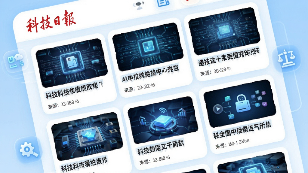 画面主体为“科技日报”客户端首页信息流,展示多条科技新闻卡片,每条卡片包含缩略图、标题和来源,背景为白色与浅蓝相间,界面圆润,配以科技感图标,整体风格清新明快,高清渲染,干净无多余元素