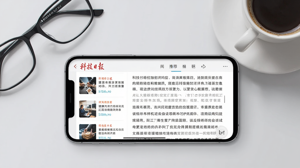 画面主体为手机横屏显示“科技日报”客户端文章阅读界面,右侧显示文章内容,左侧为相关推荐,背景为浅灰色,文字清晰,手机旁放有眼镜和咖啡杯,整体风格简约商务,高清渲染,干净无多余元素