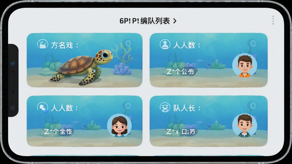 展示小海龟APP的组队房间列表界面,房间卡片上显示游戏名称、人数、队长头像,背景为淡灰色,布局清晰,画质干净,无多余元素