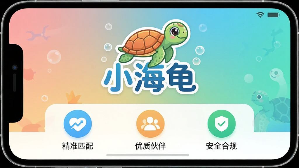 一张展示小海龟APP主界面的高清截图,界面风格清新活泼,中央有“小海龟”字样Logo,下方排列着“精准匹配”、“优质伙伴”、“安全合规”等特色功能图标,背景为渐变色,整体布局简洁现代,画质清晰,干净无多余元素