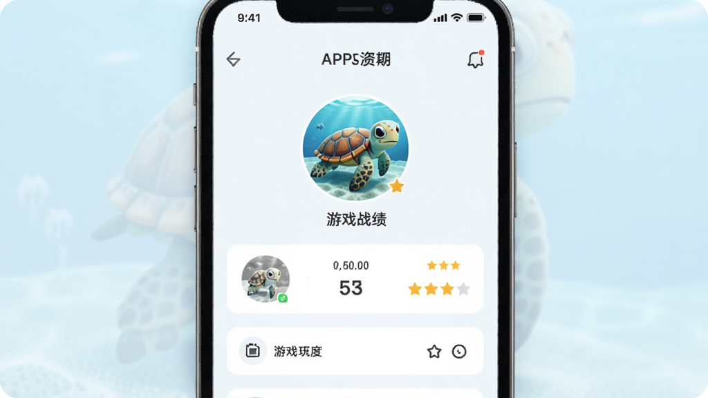 展示小海龟APP的玩家资料页面,页面上有玩家头像、游戏战绩、评价星级等元素,整体风格简洁大方,以浅色背景为主,画质清晰,干净无多余元素