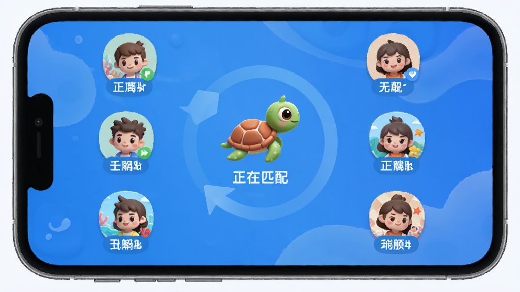 展示小海龟APP的匹配界面,手机屏幕上有“正在匹配”动画,周围有多个玩家头像和游戏标签,界面以蓝色为主色调,图标圆润,画质清晰,干净无多余元素