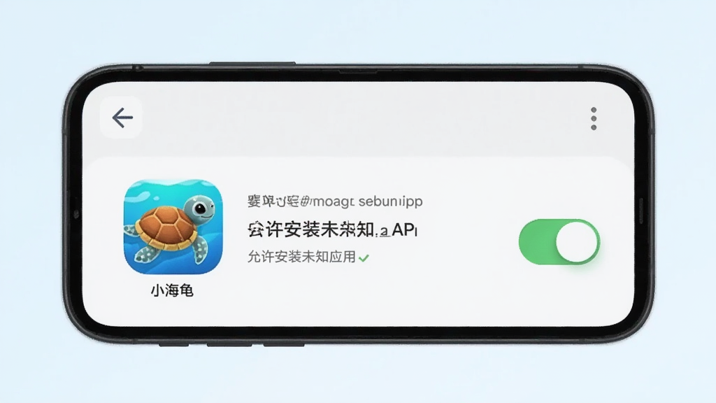 展示小海龟APP在手机上的安装与设置界面,手机屏幕上有“允许安装未知应用”的开关,旁边有“小海龟”应用图标,背景为浅色,画质清晰,干净无多余元素