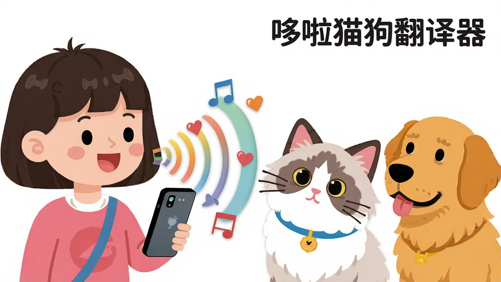 主体:一个女孩对着手机说话,手机中发出彩色的声波,声波连接到对面一只歪头聆听的布偶猫和一只金毛犬。布局:女孩在左侧,猫狗在右侧,声波在中间连接。排版:画面右上角有“哆啦猫狗翻译器”字样。风格:扁平插画风格,色彩活泼明快。细节:声波带有音符和爱心符号,猫狗表情认真。画质:高清,干净,无多余元素。