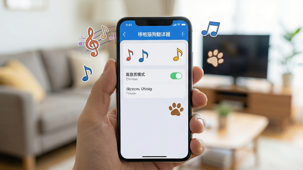 主体:一部手机拿在手中,屏幕上显示“哆啦猫狗翻译器”的设置界面,周围有音乐符号和宠物爪印。布局:手机居中,背景是模糊的客厅。排版:界面内可见“高音质模式”开关。风格:写实摄影风格,浅景深。细节:手机屏幕清晰显示应用界面,周围光线明亮。画质:超清,干净,无多余元素。