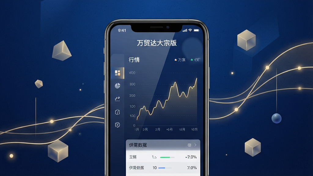 主体:万贸达大宗版APP在智能手机上的界面展示,屏幕显示行情图表和供需数据看板。布局:手机居中,背景为深蓝色科技感渐变,周围有淡金色数据线条和漂浮的几何图形。排版:手机屏幕内清晰展示“万贸达大宗版”字样和折线图,左侧有竖排功能图标。风格:现代商务科技风,高细节渲染,色彩对比鲜明。细节:屏幕反光效果,数据线条发光,背景有微颗粒质感。画质:8K超清,干净,无多余元素。
