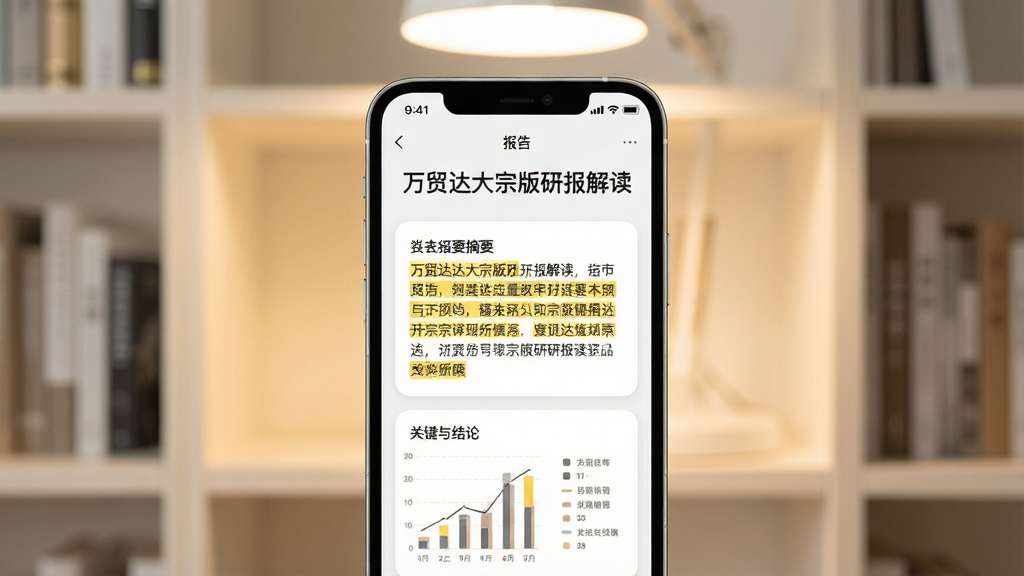 主体:手机屏幕显示万贸达大宗版研报解读页面,有报告摘要和关键词高亮。布局:手机竖屏居中,背景为暖白色书架,上方有柔和灯光。排版:屏幕顶部是报告标题,中部为摘要卡片,下方为图表和结论。风格:简约阅读风,柔和色调。细节:卡片圆角设计,文字清晰,高亮标记黄色背景,书架有模糊景深。画质:高清,干净,无多余元素。