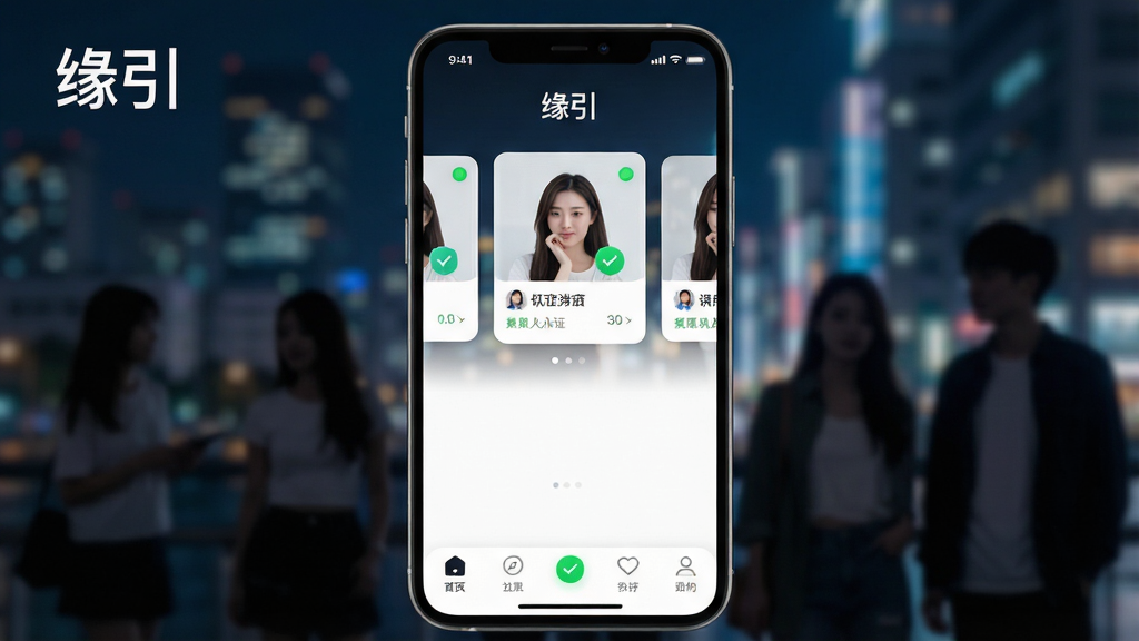 一幅充满现代感的社交APP界面概念图,主体为手机屏幕展示“缘引”应用首页,背景是模糊处理的城市夜景与年轻人群剪影,布局采用上下结构,上方为推荐用户卡片轮播,下方为功能按钮导航栏,风格清新简约,细节突出真人认证徽章与在线状态绿点,画面干净无多余元素,画质高清,无多余文字,仅显示“缘引”二字。