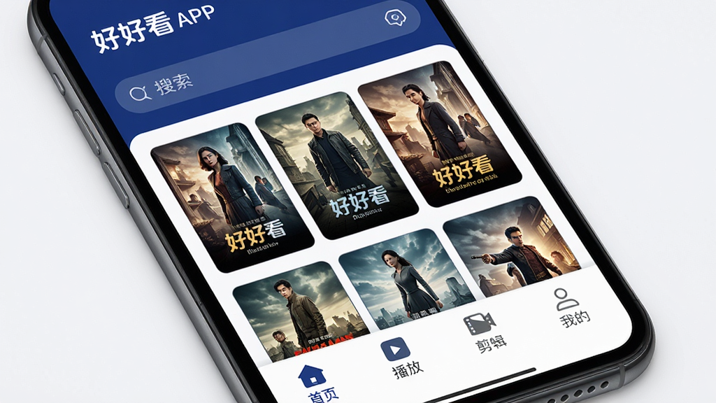 主体为一部智能手机屏幕展示“好好看”APP主界面,界面布局清晰,顶部有搜索栏,中部为影视海报缩略图网格,底部导航栏包含首页、播放、剪辑、我的四大模块。整体排版整洁,风格现代简约,色彩以深蓝和白色为主,细节上突出“好好看”Logo和影视海报的丰富感,画质高清,干净无多余元素。