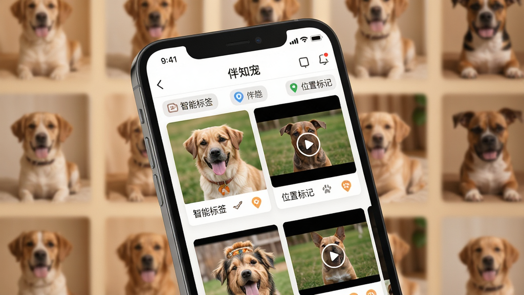 一张手机屏幕特写,屏幕上显示的是“伴知宠”APP的云相册界面,界面布局清晰,有多个宠物的照片和视频缩略图,并带有“智能标签”和“位置标记”的小图标,背景是模糊的宠物照片墙,暖色调,写实风格,画质高清,干净无多余元素