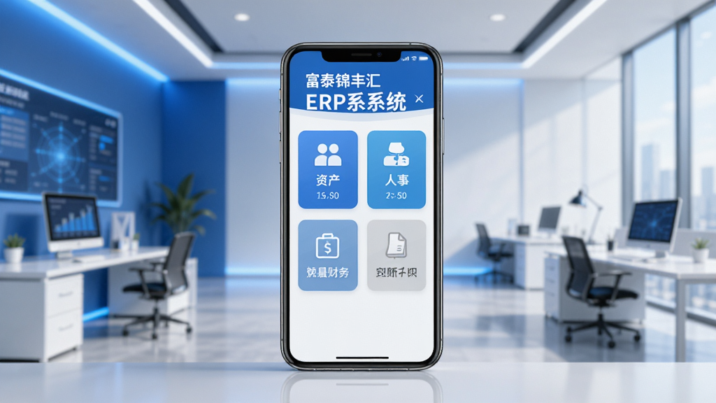 画面中央展示一部智能手机,屏幕中显示“富泰锦丰汇ERP系统”主界面,界面布局清晰,包含资产、人事、财务等图标模块,背景为现代简约的办公场景,色调以蓝色和白色为主,科技感十足,画面干净明亮,细节丰富,高画质。