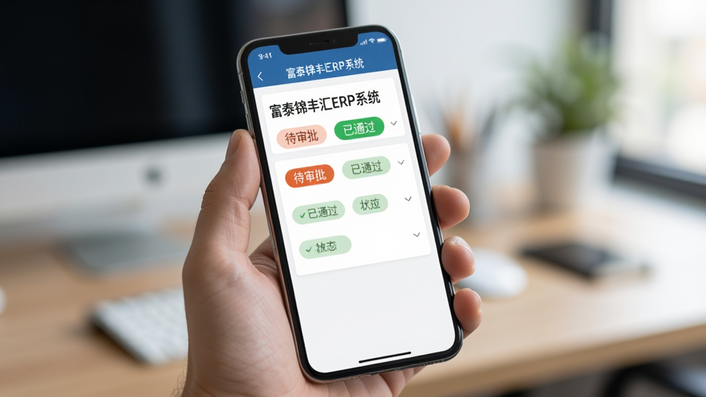 一部手机握在手中,屏幕显示“富泰锦丰汇ERP系统”的审批流程界面,包含“待审批”、“已通过”等状态标签,背景虚化处理,突出手机屏幕内容,风格简洁,细节丰富,画质高清。