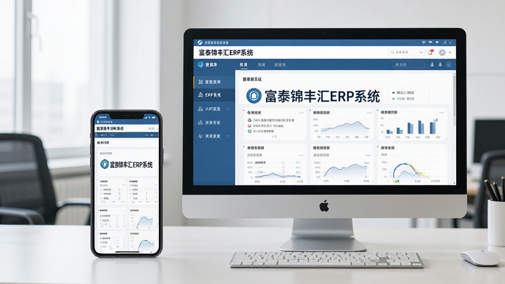 手机与电脑并排摆放在桌子上,手机和电脑屏幕均显示“富泰锦丰汇ERP系统”的界面,画面整洁,办公环境明亮,风格写实,高画质,无多余元素。