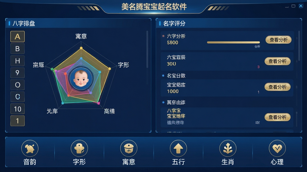 主体:美名腾宝宝起名软件的六度空间分析界面,显示宝宝生辰八字、五行雷达图、名字候选列表。布局:左侧是八字排盘,右侧是名字评分图,底部横向排列六个维度图标(音韵、字形、寓意、五行、生肖、心理)。排版:数据可视化,雷达图用彩色填充,名字列表带分数条。风格:科技蓝为主色,辅以金色点缀,专业清晰。细节:每个名字旁有“查看分析”按钮,雷达图中心有宝宝头像,画质高清,干净无多余元素。