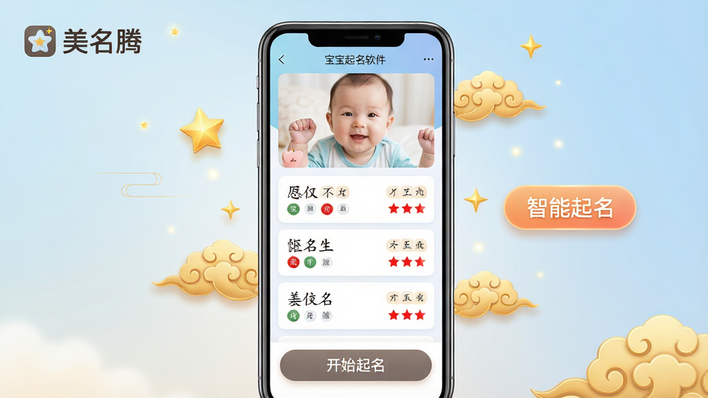 主体:美名腾宝宝起名软件界面展示,手机屏幕上显示宝宝照片和名字评分页面,周围有金色星星和祥云图案。布局:手机居中,背景为温馨的浅蓝色渐变,左上角有“美名腾”logo,右侧悬浮“智能起名”按钮。排版:界面简洁,名字列表以卡片式排列,底部有“开始起名”大按钮。风格:现代科技感结合传统文化元素,色彩明亮柔和。细节:名字旁边有笔画、五行标签,评分用红色星星显示,整体干净无多余元素。画质:高清渲染,细腻柔和,干净无多余元素。