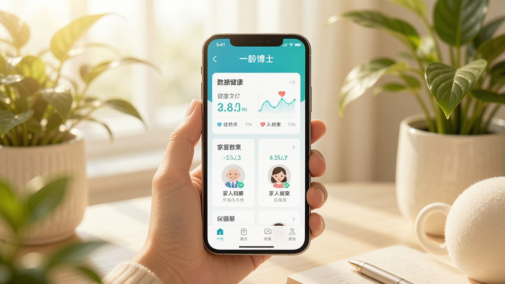 一张温暖明亮的家庭健康场景图,画面中央是手机屏幕展示“一龄博士”应用界面,界面显示健康数据与家人档案,周围环绕着绿植和柔光,整体风格温馨、专业、干净,突出科技与关怀融合,画质清晰,无多余元素