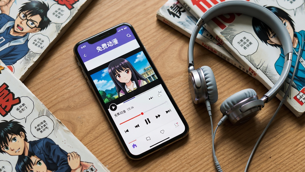 主体为一部智能手机和一副耳机,手机屏幕显示《免费动漫》APP的播放界面,正在播放一部动漫。布局为俯拍视角,手机放在木质桌面上,旁边散落着几本漫画书。风格为写实生活场景,光线柔和。细节上,手机屏幕需显示“免费动漫”字样和播放进度条。画质高清,干净无多余元素,营造舒适的观影氛围。