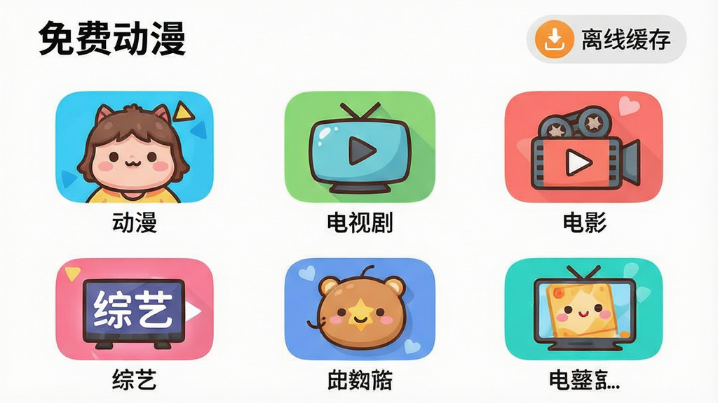 主体为《免费动漫》APP的视频分类界面,界面采用九宫格图标布局,每个图标代表一个分类,如“动漫”、“电视剧”、“电影”、“综艺”等。排版风格扁平化,色彩鲜艳,图标设计可爱。细节上,界面顶部需显示“免费动漫”字样,并突出“离线缓存”功能的入口图标。画质清晰,背景干净纯白,无多余元素。