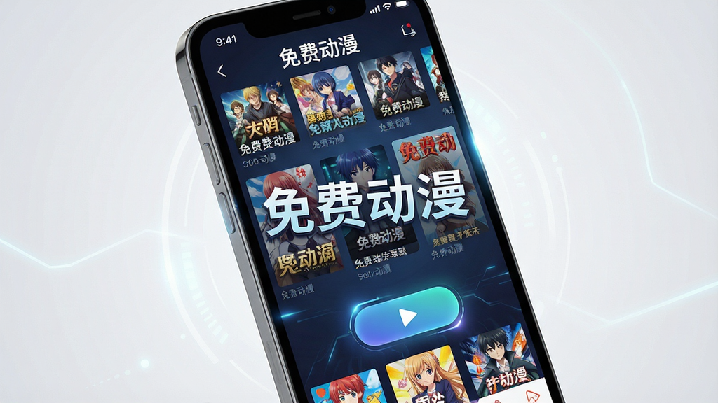画面主体为手机屏幕特写,屏幕上展示《免费动漫》APP界面,界面中展示着色彩缤纷的动漫海报墙和播放按钮。整体布局采用居中构图,手机略微倾斜,背景为干净的浅灰色渐变,突出手机屏幕内容。排版风格现代简约,带有科技感光效。细节上,屏幕内需清晰显示“免费动漫”四个字作为APP名称,并展示几部热门动漫的封面缩略图。画质要求高清,干净无多余元素,整体色调明亮活泼。