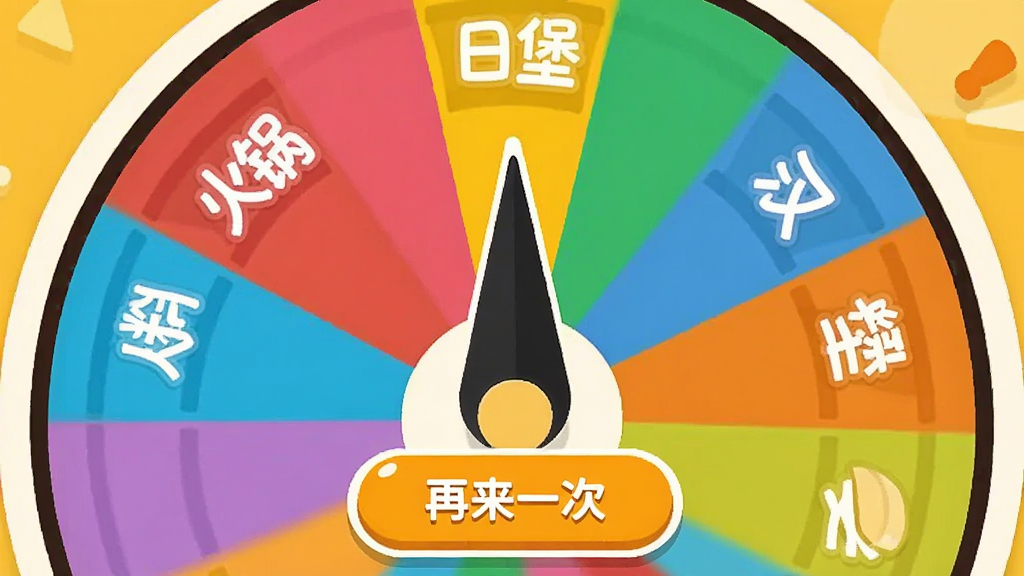快决定软件随机转盘界面截图,彩色转盘上写有“火锅”“日料”“汉堡”等文字,指针指向“日料”,下方有“再来一次”按钮,背景为暖黄色,整体风格活泼明快,画质干净,无多余元素