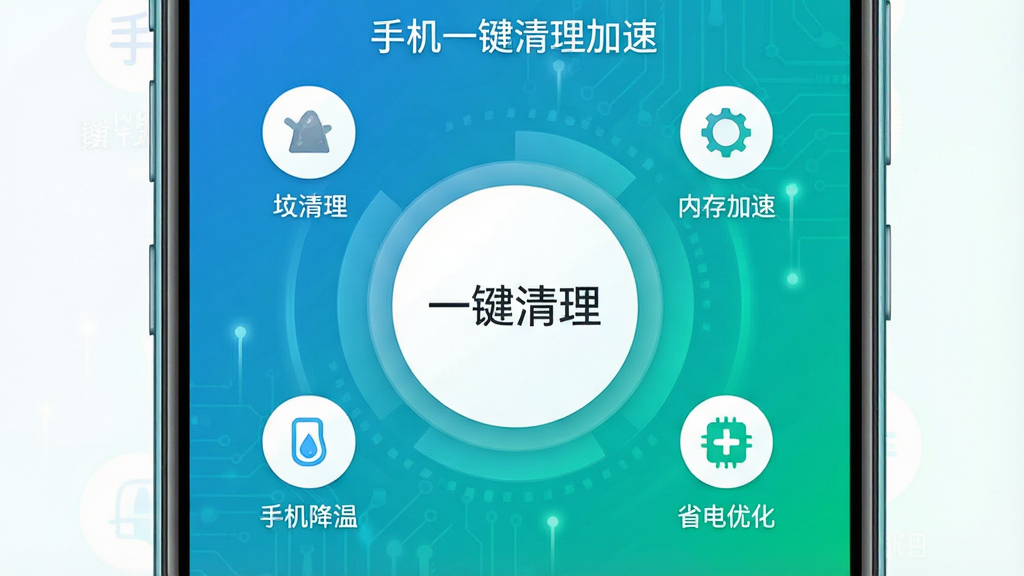 一张智能手机屏幕正中间显示“手机一键清理加速”的APP界面,界面简洁明亮,中央有一个大大的圆形“一键清理”按钮,周围环绕着垃圾清理、内存加速、手机降温、省电优化四个功能图标,背景为渐变的蓝绿色科技风格,画质高清,干净整洁,无多余元素