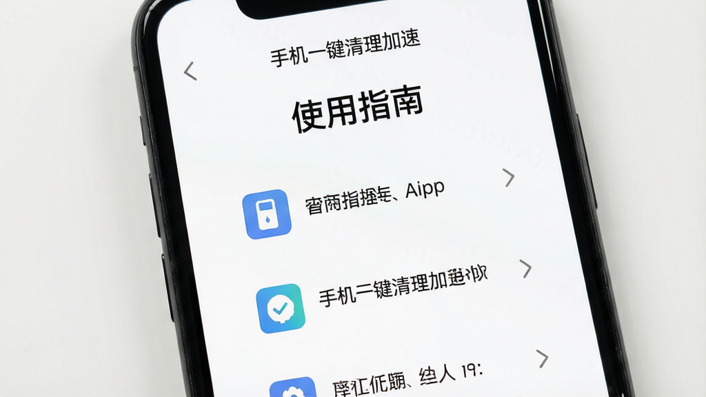 手机屏幕显示“使用指南”界面,背景为干净的白色,文字清晰,配有小图标,整体简洁明了,带有“手机一键清理加速”软件名称,画质高清
