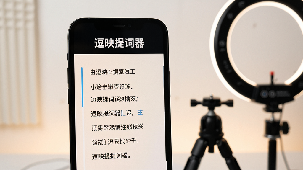 一张手机屏幕显示逗映提词器(Funsnap Teleprompter)全屏提词界面的高清预览图,界面简洁干净,上方有醒目的“逗映提词器”字样,下方是清晰的滚动台词文字,背景为浅色护眼主题,手机旁边摆放着小型摄影支架和补光灯,整体氛围专业且现代,画质清晰,无多余元素