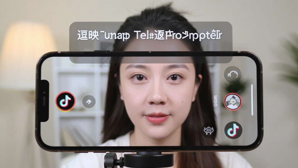 逗映提词器(Funsnap Teleprompter)悬浮提词功能实拍图,手机屏幕上正在录制抖音视频,画面顶部悬浮着半透明的提词条,文字清晰可见,主播眼神自然看向镜头,背景虚化,整体画质干净明亮,突出悬浮提词的便捷性,无多余元素